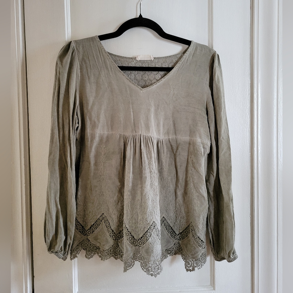Altar'd State Sage Green Lace Hem Blouse